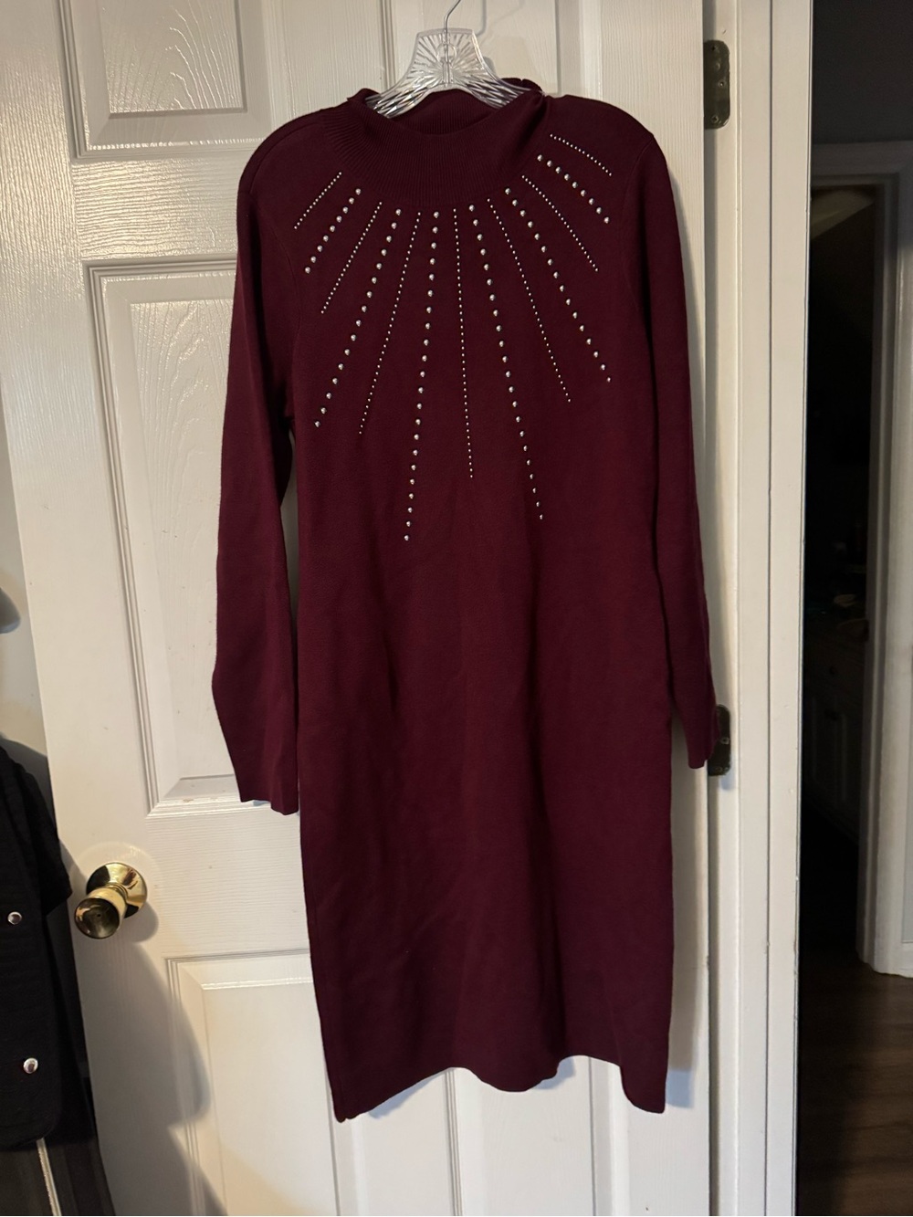 Nina Leonard Wine Long Sleeve Studded Knit Dress